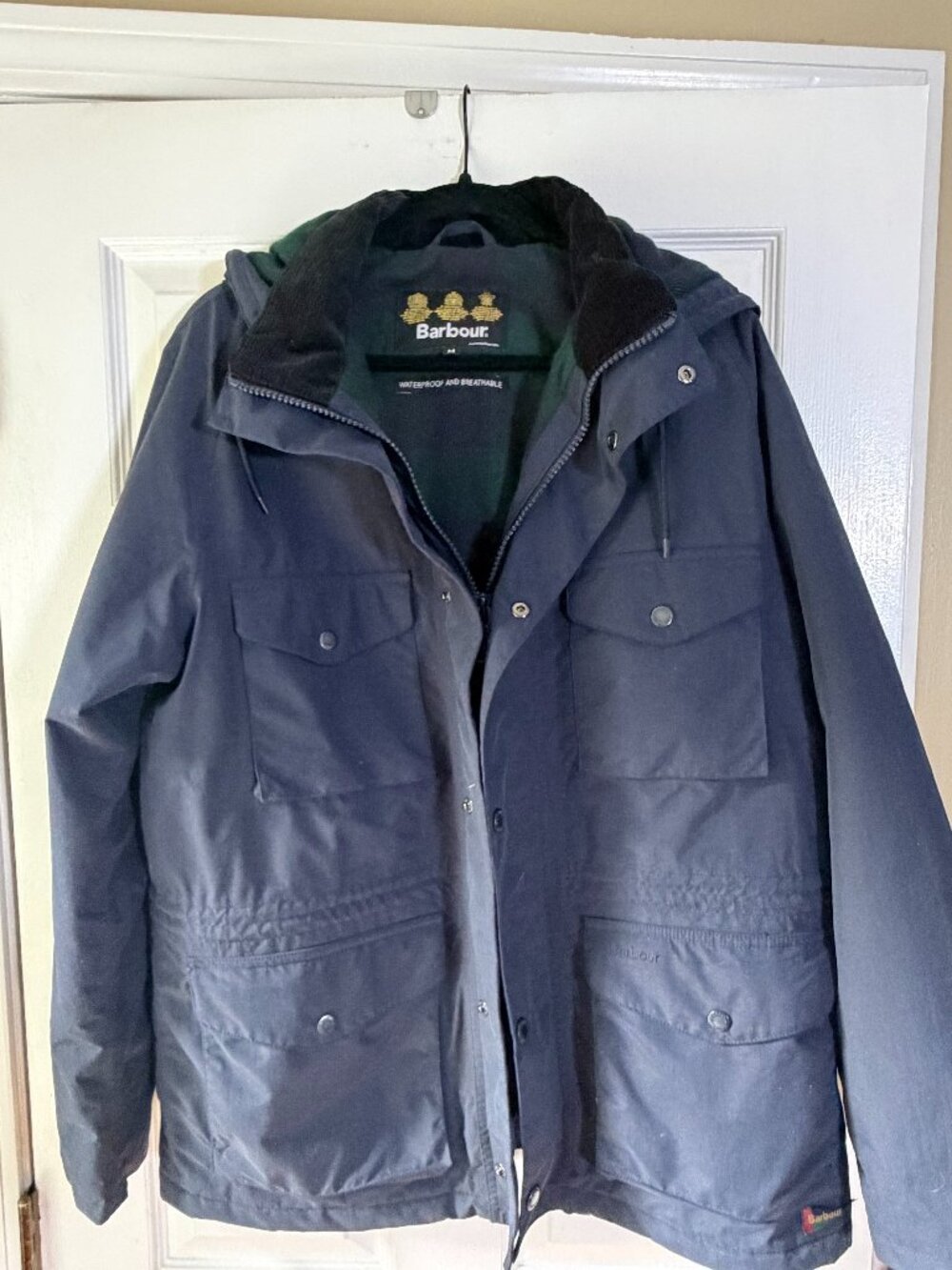 Barbour Mens Medium Tyne Waterproof Jacket Navy Blue Cord Collar Hooded Coat